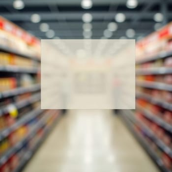 The goods are displayed invitingly for browsing. Packaged food products line the shelves of a grocery store aisle creating lively atmosphere for shoppers. Colored fruits and vegetables. Generative AI.