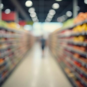 The goods are displayed invitingly for browsing. Packaged food products line the shelves of a grocery store aisle creating lively atmosphere for shoppers. Colored fruits and vegetables. Generative AI.