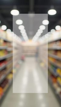 The goods are displayed invitingly for browsing. Packaged food products line shelves of a grocery store aisle, creating lively atmosphere for shoppers. Rectangular transparent free space for text. AI.