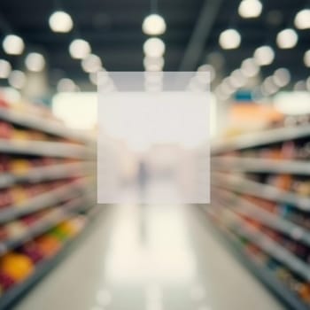 The goods are displayed invitingly for browsing. Packaged food products line the shelves of a grocery store aisle creating lively atmosphere for shoppers. Colored fruits and vegetables. Generative AI.