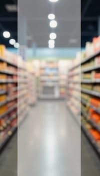 The goods are displayed invitingly for browsing. Packaged food products line the shelves of a grocery store aisle creating lively atmosphere for shoppers. Colored fruits and vegetables. Generative AI.