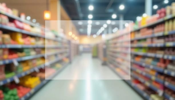 The goods are displayed invitingly for browsing. Packaged food products line shelves of a grocery store aisle, creating lively atmosphere for shoppers. Rectangular transparent free space for text. AI.