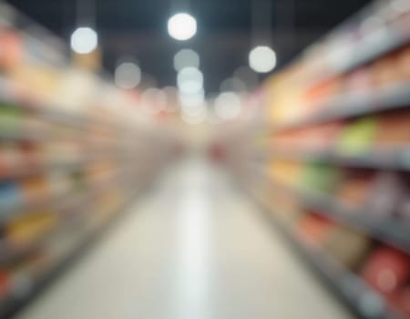 Goods are displayed invitingly for browsing. Packaged food products line shelves of grocery store aisle, creating lively atmosphere for shoppers. Round transparent free space for text. Generative AI.