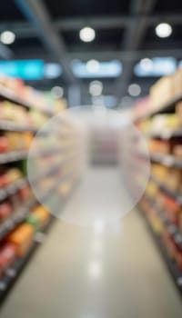 Goods are displayed invitingly for browsing. Packaged food products line shelves of grocery store aisle, creating lively atmosphere for shoppers. Round transparent free space for text. Generative AI.