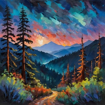 The sun sets behind the sequoia mountains, casting warm colors across the sky. A winding path leads through foliage, enhancing the stunning view of the landscape. Beautiful art picture. Generative AI.