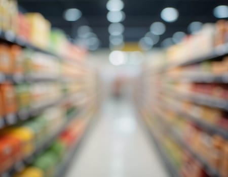 Goods are displayed invitingly for browsing. Packaged food products line shelves of grocery store aisle, creating lively atmosphere for shoppers. Round transparent free space for text. Generative AI.
