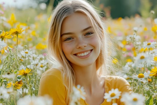 A positive, smiling girl sitting on a sunlit meadow . AI generative.