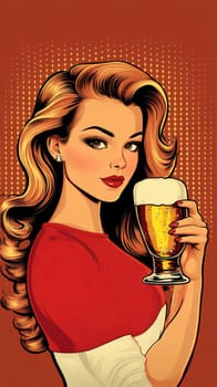 A woman styled in the 1950s holding a glass of beer. Vintage poster. AI generative.