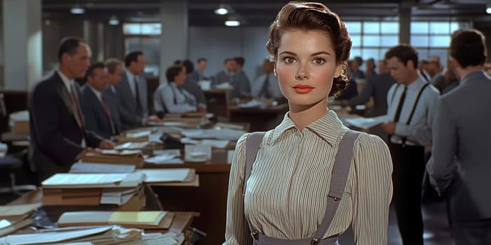 a vintage woman with black hair posing in front of a desk in an office,. AI generative.