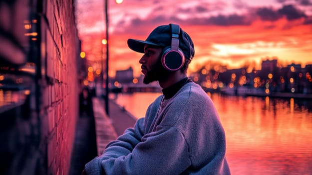 A young man leaning against a wall near the canals, wearing an oversized sweater and a baseball cap, listening to music through his vintage headphones. AI generative.