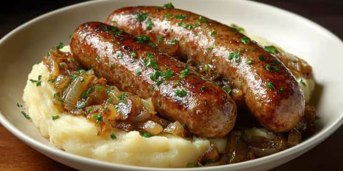 Traditional Polish dish, potatoes with baked kielbasa and onion sauce. AI generative.