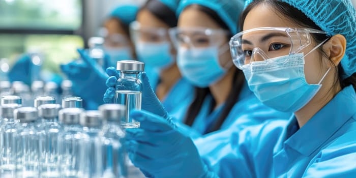 pharmaceutical production line, workers in lab coats and masks . AI generative.