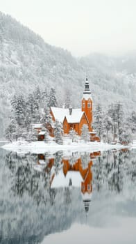 Church on an island on a lake in the mountains. AI generative.