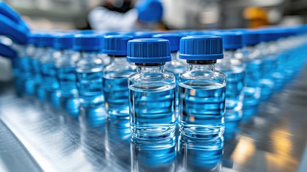 pharmaceutical production line, workers in lab coats and masks . AI generative.