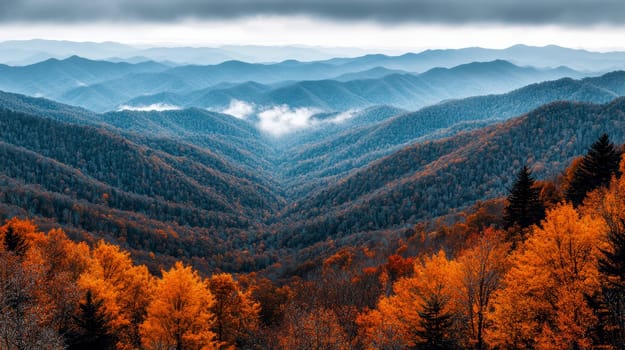 sunlight casting over foggy mountains and an autumn forest. AI generative.
