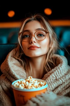 freshly popped popcorn in a cinema. AI generative.