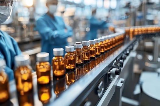 pharmaceutical production line, workers in lab coats and masks . AI generative.