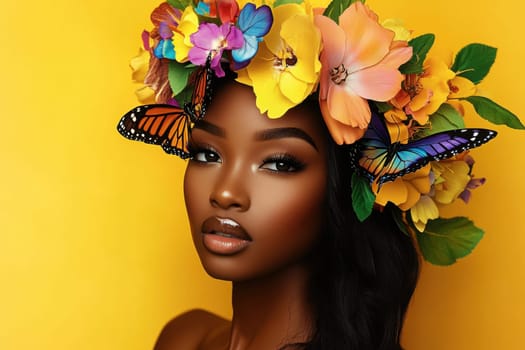 Studio portrait of a beautiful young black woman wearing a colorful flower crown with butterflies on a yellow background