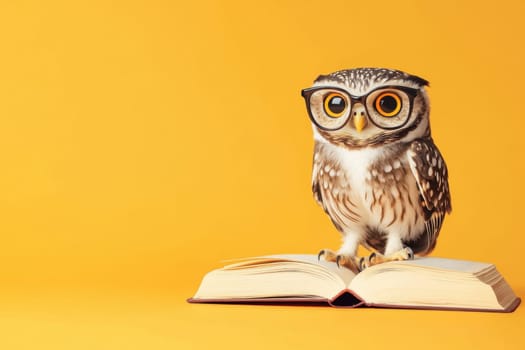 Intelligent owl wearing eyeglasses is standing on an open book, embodying wisdom and knowledge