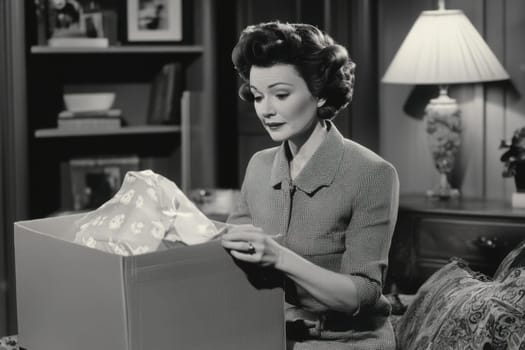 Black and white image of a woman unpacking a box in her new home