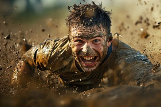 Happy rugby player crawling in the mud and smiling during a challenging and exciting rugby match