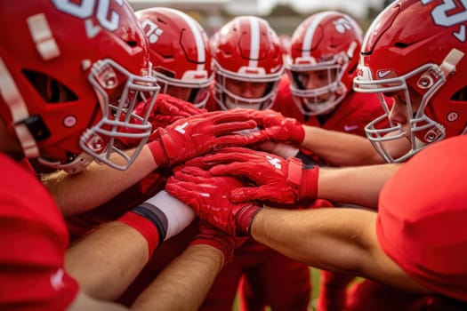 Football team joining hands before game start, teamwork and sportsmanship in american football