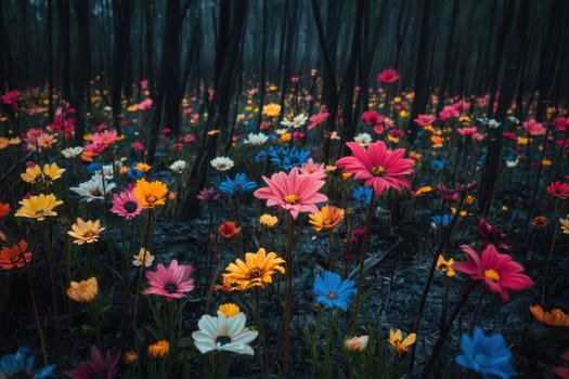 Vibrant flowers thriving in a scorched forest, symbolizing renewal and hope after devastation