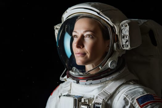 Portrait of a confident female astronaut wearing spacesuit and looking away against black background