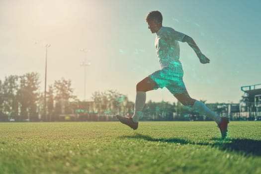 Professional soccer player running across the field with a digital overlay effect, showcasing the integration of technology in sports