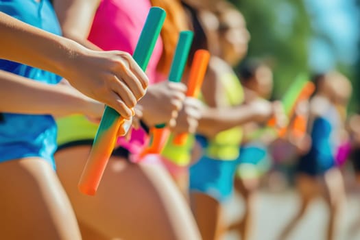 Athletes holding batons during a relay race, ready for the competition