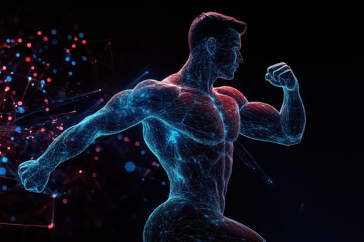 Polygonal mesh showing muscular system of athlete flexing biceps, demonstrating strength and fitness