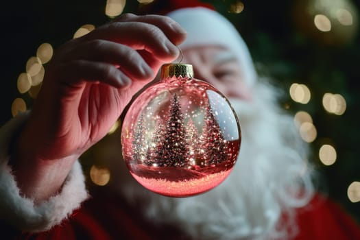 Santa claus showing a transparent christmas ball containing a miniature illuminated christmas forest
