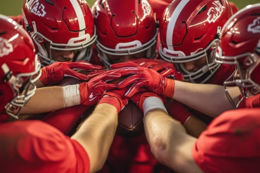 Football players in red uniforms joining hands before a game, showing their teamwork and unity