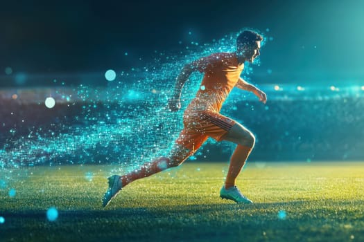 Professional athlete running on soccer field with digital particle effects, showcasing speed and technology in sports