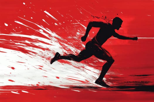 Dynamic illustration of an athlete running with speed and determination, symbolized by red and white brushstrokes