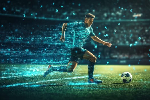 Professional soccer player running with ball and digital binary code effect on his body during a match in a crowded stadium