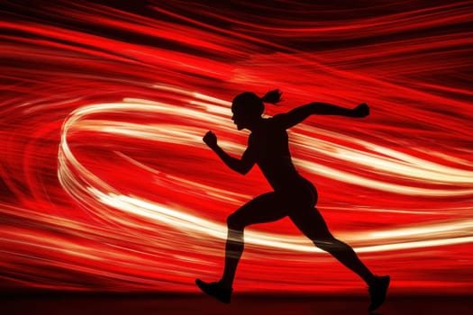 Silhouette of a female athlete running at high speed, with a dynamic red and white motion blur effect in the background, creating a sense of energy and power