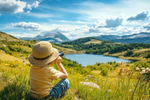 Child using binoculars exploring a mountain lake during a sunny summer day