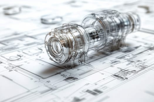 Transparent engine model placed on engineering blueprint, showcasing innovation in product design and development