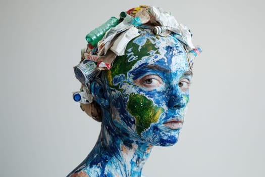 Portrait of environmental activist raising awareness of plastic pollution with earth makeup and trash crown