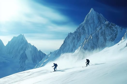 Two skiers are skiing down a snowy mountain slope on a sunny winter day