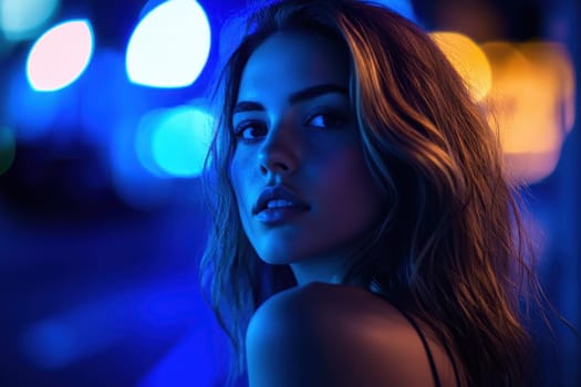 Sensual young woman posing in blue and yellow neon lights in a night city portrait