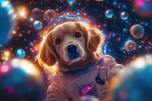 Golden retriever astronaut dog wearing spacesuit floating in colorful galaxy with planets and stars, science fiction illustration
