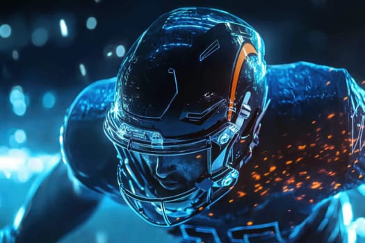 American football player charging forward, wearing helmet and futuristic uniform, surrounded by dynamic blue and orange light streaks