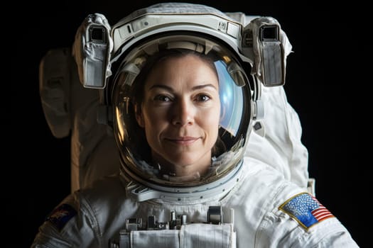 Portrait of smiling female astronaut wearing spacesuit on black background