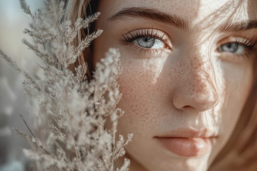 Soft sunlight illuminates the face of a freckled young woman partially obscured by pampas grass, creating a dreamy and ethereal atmosphere