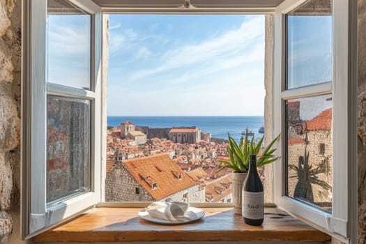 Scenic view of the old town of dubrovnik, croatia, from an open window with a bottle of red wine