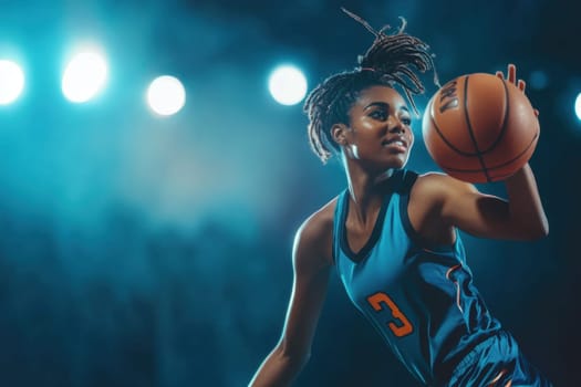 Professional basketball player dribbling ball on court during championship game
