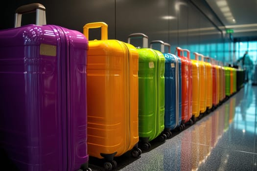 Many colorful suitcases are lined up at an airport terminal, ready for passengers to collect their belongings