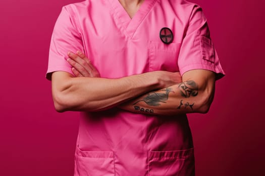 Confident doctor crossing arms, wearing pink scrubs and a black badge on a pink background